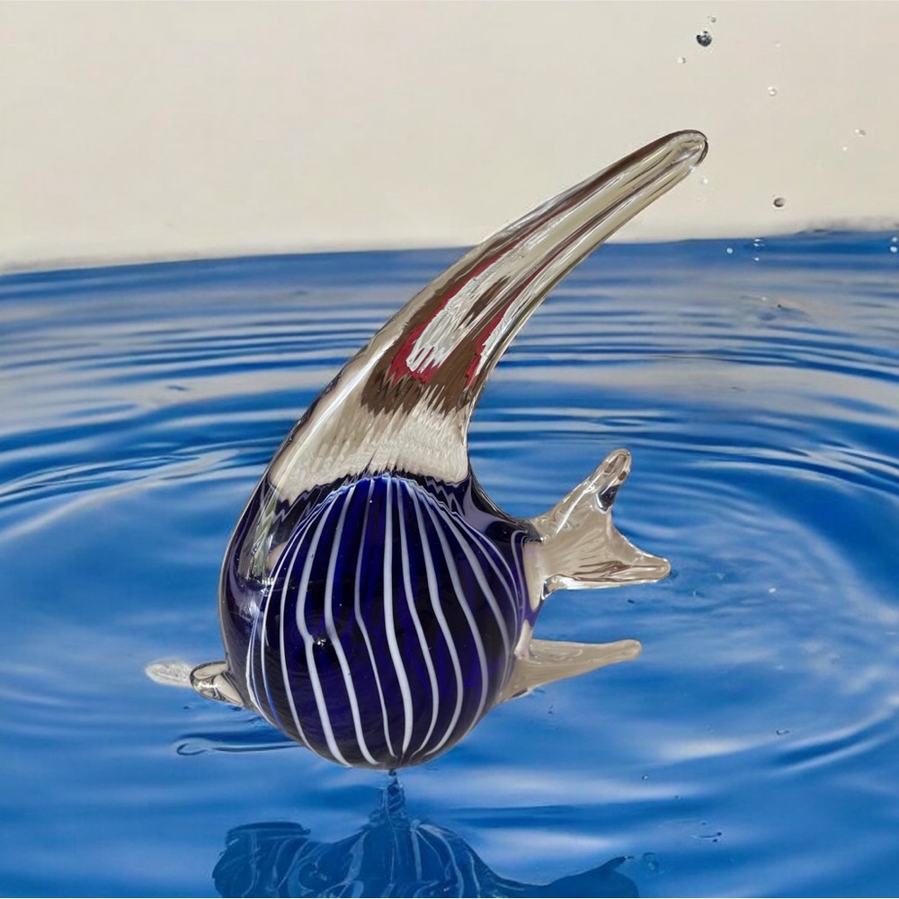 Murano Blue and Clear Striped Glass Fish Sculpture